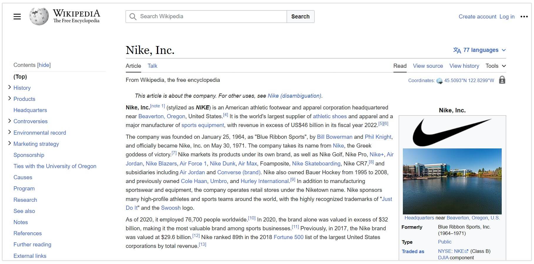 página da wikipedia da nike